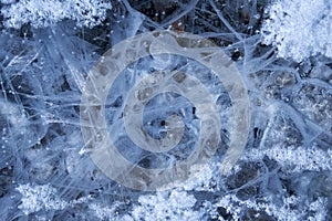 Texture of hoarfrost crystals over river ice. Natural winter snow background