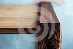 Texture of impressive wooden oak family table. Close up.