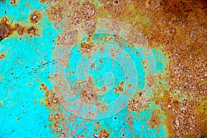 Texture of iron with rust and peeling blue paint