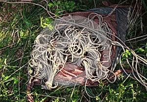 Texture of jute ropes used in shibari, Japanese bondage technique. Many skeins and loose ropes for shibari and bondage.