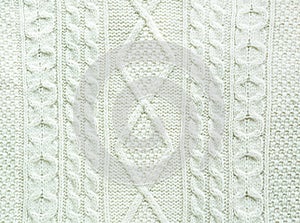 Texture of knitted handmade. Christmas white sweater close up. Wallpaper background.