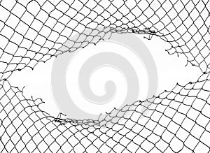 texture of metal mesh. Torn, destroyed, broken metal mesh. illustration. isolated on white background. hole in the mesh wire fence