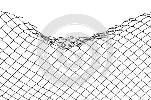 The texture of the metal mesh on a white background. Torn steel, metal mesh with holes