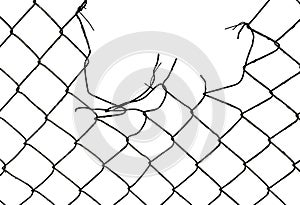 The texture of the metal mesh on a white background. Torn steel, metal mesh with holes