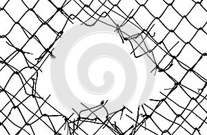 The texture of the metal mesh on a white background. Torn steel, metal mesh with holes