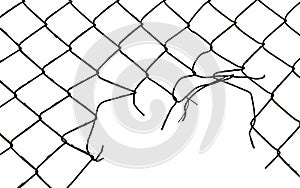 The texture of the metal mesh on a white background. Torn steel, metal mesh with holes