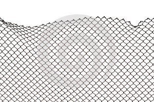 The texture of the metal mesh on a white background. Torn steel, metal mesh with holes