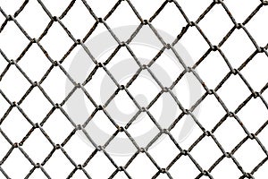 The texture of the metal mesh on a white background. Torn steel, metal mesh with holes