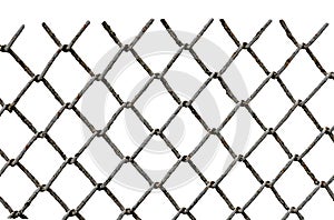 The texture of the metal mesh on a white background. Torn steel, metal mesh with holes