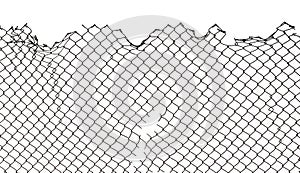 The texture of the metal mesh on a white background. Torn steel, metal mesh with holes