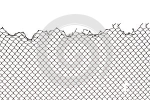 The texture of the metal mesh on a white background. Torn steel, metal mesh with holes