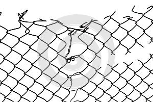 The texture of the metal mesh on a white background. Torn steel, metal mesh with holes