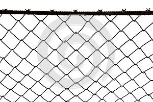 The texture of the metal mesh on a white background. Torn steel, metal mesh with holes