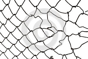 The texture of the metal mesh on a white background. Torn steel, metal mesh with holes