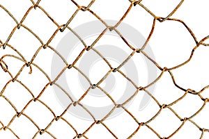 The texture of the metal mesh on a white background. Torn steel, metal mesh with holes. rusty wire