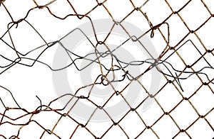 The texture of the metal mesh on a white background. Torn steel, metal mesh with holes. rusty wire