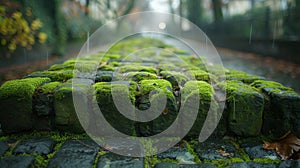 Texture of mosscovered bricks hinting at the citys age and the resilience and adaptability of its residents photo