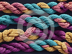 texture of multi-colored threads and rope knots close-up