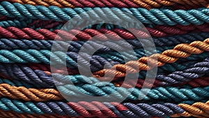 texture of multi-colored threads and rope knots close-up