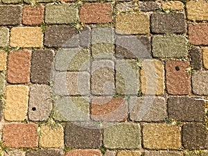 Texture of multicolored beautiful rectangular stone concrete paving brick tiles with seams overgrown with green grass. background