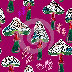 Texture mushrooms, fly agarics. Mushroom organic pattern. Cartoon style. Hand drawn elements.