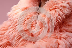 Texture of natural fur, soft fluffy surface of women's winter fur coat close-up in trend color peach fuzz