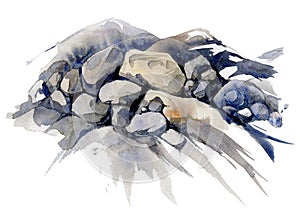 Texture natural stones watercolor illustration. Hand drawn nature grey rocks, isolated on white background.