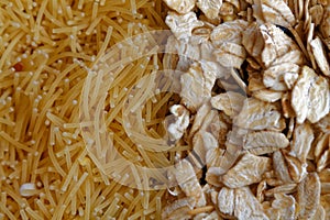The texture of oatmeal separated with pasta. The concept of proper nutrition and healthy lifestyle. Top view, close-up as backgrou