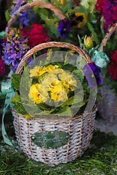 Texture oil painting Contemporary abstract art for background - Yellow flower. Spring flowers in the basket.