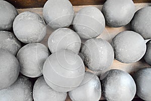 Texture of old antique combat round gray metallic, iron, stone cannon balls, ammunition. The background