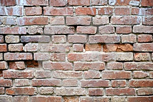 Texture of old brick, background of crumbling brickwork wall