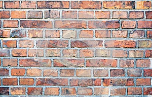 Texture of old brick wall with mortar in gaps between bricks