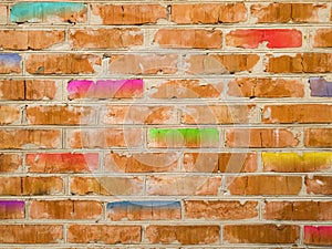 Texture of an old brick wall with stylized colorful bricks