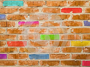 The texture of an old brick wall with stylized multi-colored bricks