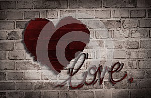 Texture of old brick wall withwine red heart and love inscription pattern on texture of old brick wall with mortar in gaps between