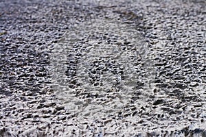 Texture of an old concrete wall with dimples, hollows with outgoing perspective.