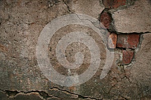 Texture of old damaged brick plaster cement wall