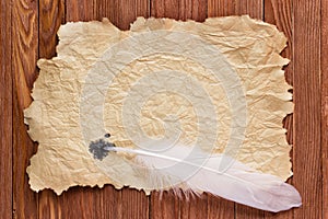 Texture old paper and white feather on the table