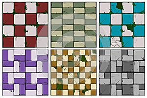 Texture of old stone tiles, seamless background stone wall and grass. Vector illustration for user interface of the game element.