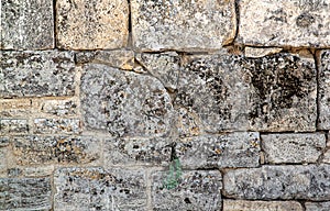 The texture of the old wall. Vintage brick back. The wall is made of shell rock of various rectangular shapes