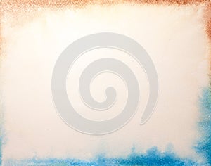 Texture of old white paper, crumpled background. Vintage beige surface backdrop with blue and brown frame
