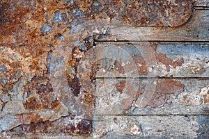 Texture of old wooden planks and rusty iron