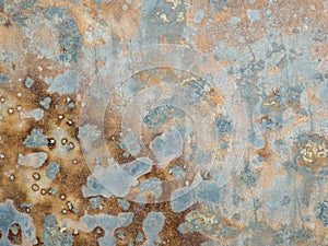 Texture of oxidized metal with brass and aqua patina. Rusty metal surface with streaks of rust. Rusty corrosion. Brown