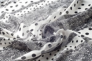 Texture, pattern, background. Cloth cotton. White fabric, painted with black polka dots, black lace. Black White Grunge Spots Fab