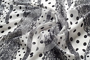 Texture, pattern, background. Cloth cotton. White fabric, painted with black polka dots, black lace. Black White Grunge Spots Fab