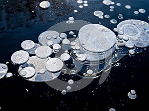 Texture pattern background white Winter, river ice air bubbles stagnant. drawing on ice frost formed. Severe cold frozen water. a