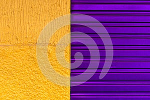 Texture pattern of purpple iron door of closed store and yellow wall photo