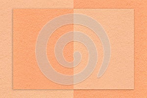 Texture of peach fuzz and coral paper background with geometric shape, macro. Structure of craft cardboard
