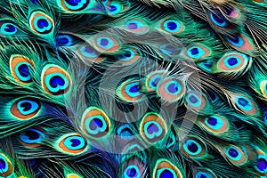Texture of a peacock feather from the tail of an exotic bird. The background is a close-up of a multicolored iridescent