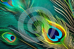 Texture of a peacock feather from the tail of an exotic bird. The background is a close-up of a multicolored iridescent